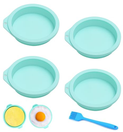 Air Fryer Egg Mold, 4 Pcs Silicone Egg Bite Molds with Brush, Round Silicone Pans, Non Stick Moulds for Air Fryer Muffin Lids Cake Sandwiches (Blue)