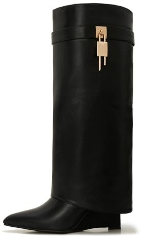 Aizhenzm Damen breite Wade Shark Boots – umklappbare kniehohe Lederstiefel mit seitlichem Reißverschluss und Verschlussschnalle, niedriger Keilabsatz im Winterstil, Schwarz, 41 EU Weit