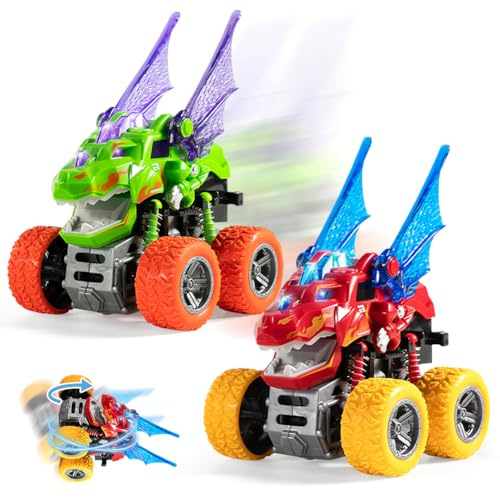 WFKKMEQ Monster Truck Car Toy, 2PCS Dinosaur Play Vehicles with Lightning Pull Back Car Toys Rotation Off-road Friction Powered Vehicle Toy Trucks Vehicles Truck Cars for Kids
