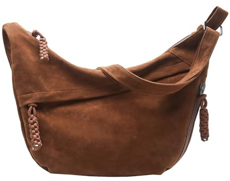 HICARRY Borsa a tracolla in pelle scamosciata a mezzaluna, grande borsa a tracolla da donna, borsa a tracolla per viaggi, lavoro, tinta unita, marrone scuro., Breite: 4.95 cm, Länge: 39.99 cm, Höhe