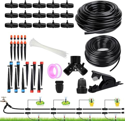 Gettimore Kit d'irrigation goutte à goutte automatique avec tube de 5 m 8/11 mm + 30 m 4/7 mm, goutteurs et connecteurs réglables pour jardin, pelouse, serre