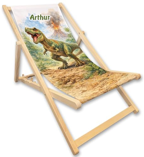 Unikatolo Kinder-Liegestuhl mit Name personalisiert, Strandstuhl, Geschenkidee Geburtstag Kindergarten Kinderzimmerdeko, Outdoor, Campingstuhl, Strandliege, individuell Bedruckt, Dino (T-Rex)
