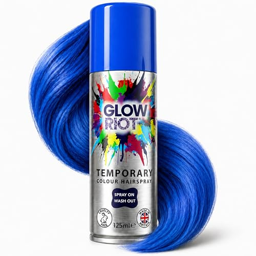 GLOW RIOT Blue Temporary Colour Hairspray, Wash Out, Made in the UK | Spray On Wash Out Formula, Made in the UK, Certified Cruelty Free, Skin, Hair, Clothing and Child Safe