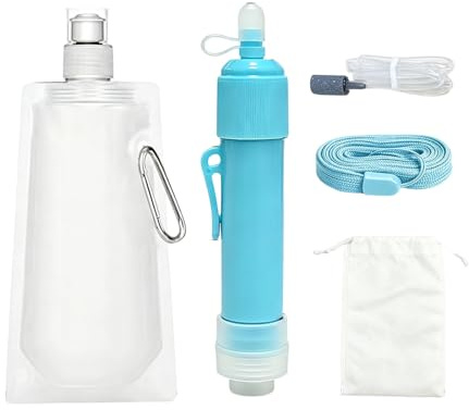 CAZSTYK Filtre à eau avec paille portable pour l'extérieur avec flasque, tuyau et sac de rangement compact pour voyage, survie, eau