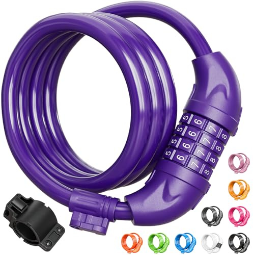 Titanker Bike Lock, 4 Feet Security Resettable Combination Coiling Bike Cable Locks with Mounting Bracket, 1/2 Inch Diameter (Purple)