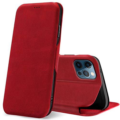 Verco Handyhülle für iPhone 12, iPhone 12 Pro Hülle Bookstyle Premium Handy Flip Cover für Apple iPhone 12 Pro / 12 Hülle [6,1 Zoll] [integr. Magnet] Book Case PU Leder Tasche, Rot