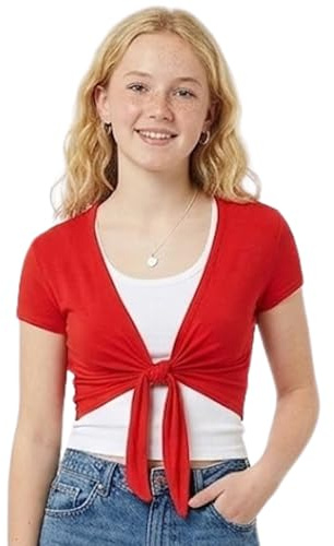 Women’s Tie Up Crop Top Short Sleeve Bolero Shrug Cardigan Ladies Cap Sleeve V Neck Front Knot Cropped Top Red UK 12-14