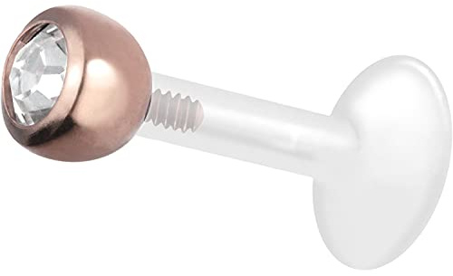 PIERCINGLINE PTFE Labret mit Gewinde TITAN AUFSATZ KRISTALL 4 mm Piercing Lippe Nase Ohr Roségoldfarben 1,2 x 5 mm