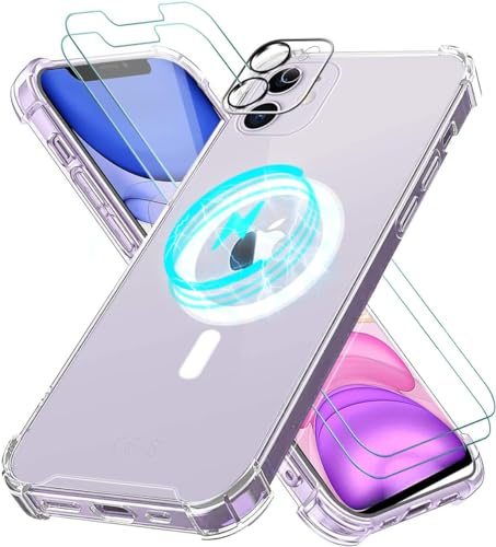 Vauki Cover per iPhone 11 Compatibile con MagSafe e 2 Vetro Temperato & 1 Pellicola Fotocamera Custodia Magnetica TPU Silicone Sottile Morbida Antiurto Antigraffio Case per iPhone 11,Trasparente