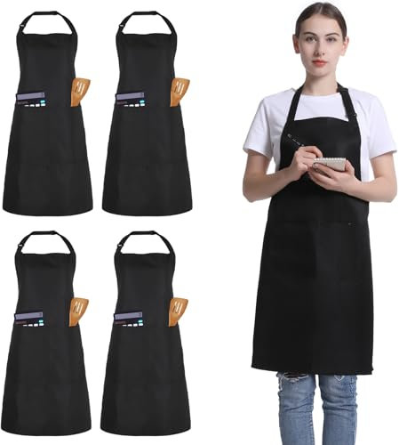 4 Pezzi Grembiule da Chef Nero, Grembiule Unisex Regolabili con 2 Tasche, Grembiuli Personalizzabili per Uomo e Donna, Grembiuli Professionali per Cucina, Giardinaggio, Ristorante, Caffetteria (Nero)