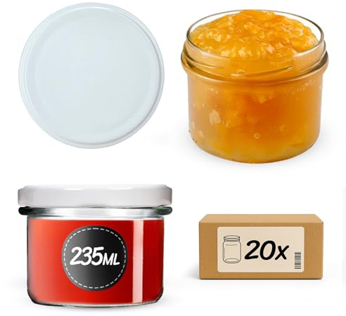 KADAX Lot de 20 petits bocaux de confiture fi82 de 235 ml, mini bocaux pour miel et condiments, pots à confiture avec couvercle, bocaux hermétiques à offrir (blanc