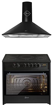 GURARI Herdset Elektro-Standherd GCH E 912 BL + 046 Dunstabzugshaube 90 cm in Schwarz, 1000m³/h, Kopffreihaube Schwarz Glas, Backofen Set 90 cm, 121 L