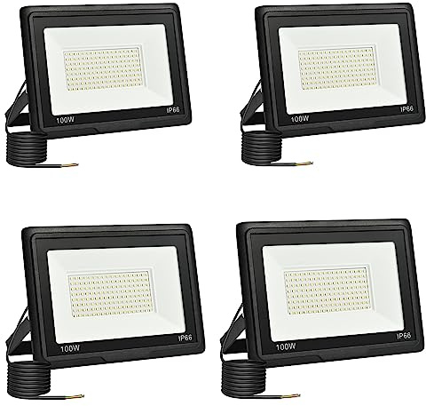 toobettp Utomhus LED-strålkastare 100 W, 10 000LM LED-strålkastare utomhus, 6 000 K, kallvit, vattentät, IP66, utomhusprojektorer för garage, trädgård, innergård, park, 4 st