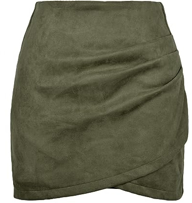 MAOAEAD Minifalda acampanada para mujer, sexy, cintura alta, falda de cadera, de gamuza, color sólido, plisada, con cremallera cruzada, vestido corto, Verde-, 48