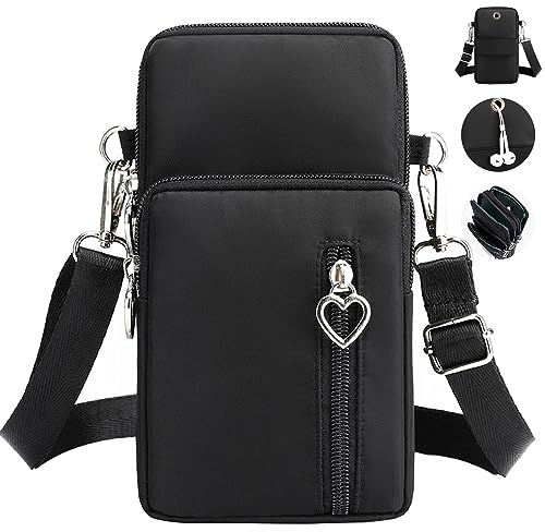 Mikqky Handytasche Zum Umhängen Damen, Handy Schultertasche, Crossbody Handytasche, Handytasche mit Schultergurt, Nylon Schultertasche mit Kopfhörer Loch, 7 x 4 x 2 Zoll, Für Alltag, Ausflug(Schwarz)