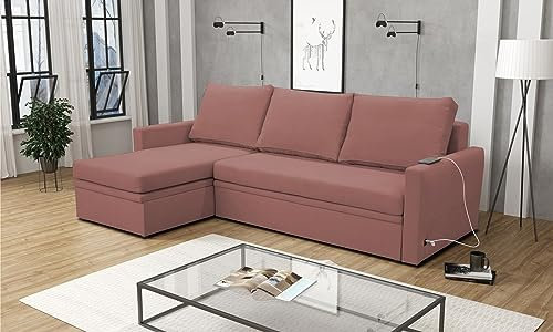 All4All Ecksofa Dresden mit Schlaffunktion Bettkasten USB-Port Sofa Bett Couch Eckcouch Wohnlandschaft 26 (Links, Mono 235)