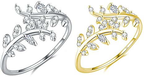 2 Pcs Argent Sterling 925 Réglable Bagues pour Femme et Fille Ouverte Zircone Cubique Anneau Feuilles d'Olivier Bagues Set Bague de Fiançailles Knuckle Rings Bijoux Cadeaux Dames