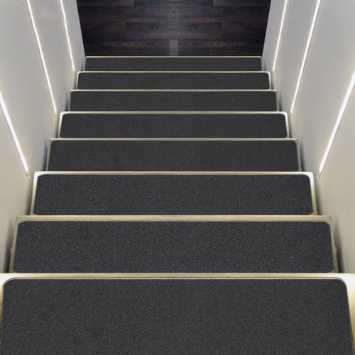 wanwanper Stufenmatten, 15pcs Treppenstufen Treppenteppich, Anti-Rutsch Treppen Stufenmatten, Stufenschutz Stufenteppich für Holztreppen, Steintreppen, gestrichenen Treppen (Schwarz, 12 * 60cm)