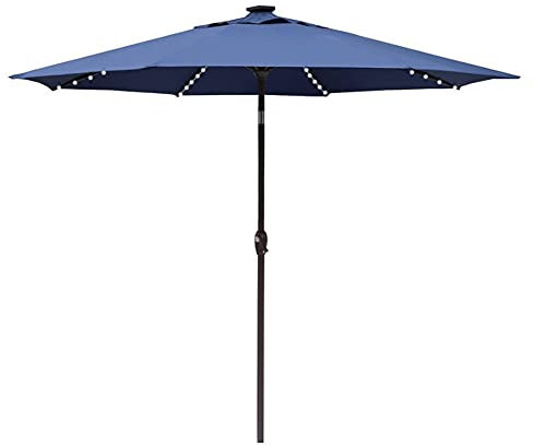 Runder Gartenschirm für den Außenbereich mit Kurbel-Sonnenschirm, LED-Licht, Marktschirm, Blaubraun, ohne Sockel, Balkonschirm, Strandschirme, Sonnenschirm für Pool, Hinterhof, Rasen, Picknick