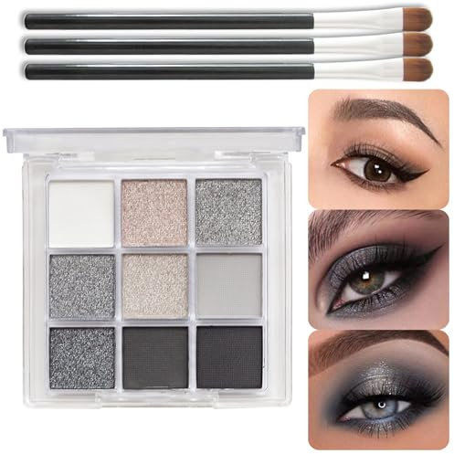 EONFAVE Palette de fards à paupières Smoky - 9 couleurs : noir, gris, blanc - Brillant mat - Étanche - Haute pigmentation - Avec 3 pinceaux (fumé)
