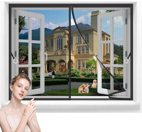 Fly Screens Windows Nets Patio 130x85cm Screen Door Curtain Insect Mesh for Keeping Out Flies & Bug Flyscreen French Doors Mosquito Double Door Magnetic ScreenFly Doors Black