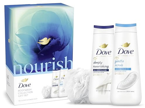 Dove Nourish Body Wash Shower Gel Collection with a luxury shower puff Gift Set skin care gifts for her 2 piece