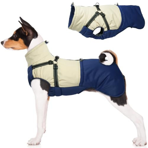 MHaustlie XL Warme Hundemäntel und Jacken für Haustiere, Hund Wintermantel mit Hundegeschirr, fleecegefütterter Hundemantel, reflektierender Extremwettermantel mit verstellbarem Brustgurt (Blau, XL)