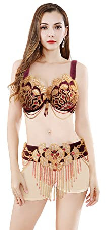 YUCHUANGYE Bauchtanz Bauchtanz-BH und Gürtelset mit Perlen, Performance-Bauchtanz-BH und Gürtel, Bauchtanz-Kostüme for Frauen, sexy Bauchtanz-Outfit Bauchtanz Rock(Red,M)