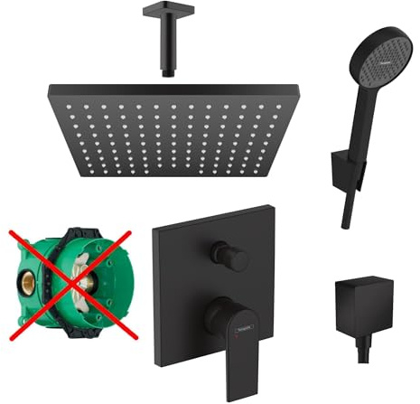 Hansgrohe Duschsystem Unterputz Duscharmatur Hansgrohe schwarz HGSK02-ob | Duscharmatur von Hansgrohe Vernis Shape Einhebelmischer und Hansgrohe Regendusche Duschkopf eckig, Dusch-SET schwarz matt