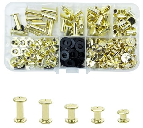 KUKUJIWA 80 Set Rivetti a Vite,Vite di Rilegatura Rivetti,M5*5/8/10/12/15 mm Viti Testa Tonda Croce Chicago per Rilegatura,Viti Chicago di ricambio in Metallo per Borse, Libri,chiodi (Oro)