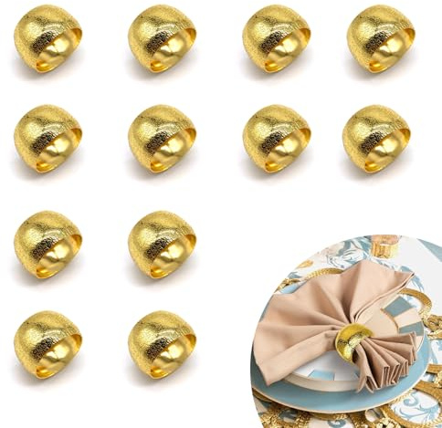 HERKINDNESS Serviettenring Gold, 12 Stück Goldene Servietten Ringe, 4,6 x 2,8 cm Runde Serviettenschnallen, Mattiert Strukturierte Serviettenringe, für Hochzeitsfeiern, Dinnerpartys