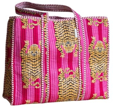 IBOAH Borsa Grande Trapuntata Cotone Stampa Tigri, Spiaggia (Rosa)