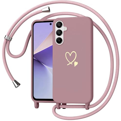 Yichxu Handyband für Samsung Galaxy A56 5G Hülle mit Band, Herz Design Necklace Handyhülle zum Umhängen Kordel, Stoßfest Schutzhülle mit Kette, Weich TPU Liquid Silikon Case für Samsung A56, Rosa