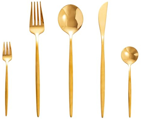 SWISON juego de cubiertos oro 30 piezas 6 personas, in acero inoxidable | Set cubertería dorado con cuchillo tenedor y cuchara, diseñar ligero, lavavajillas