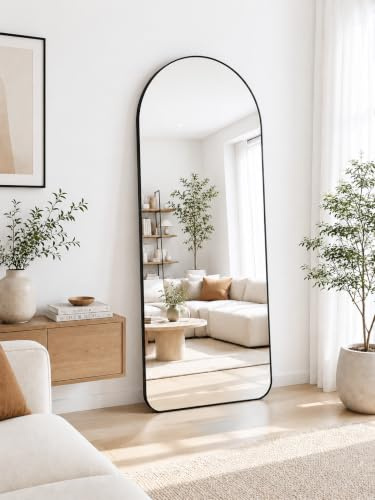 Large Arched Full Length Mirror 165 cm x 60 cm, Aluminium Frame, Wall Mounted or Standing Floor Mirror for Bedroom, Hallway & Living Room - Gold or Black (Black)