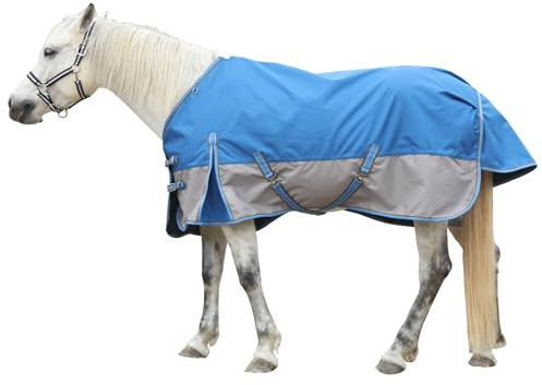 Gallopoff 1200D Coperta per cavalli resistente agli strappi senza imbottitura (0g), Coperta da pioggia leggera, impermeabile e traspirante per cavalli, Coperta per esterni cavallo Blu-Grigio 160 cm