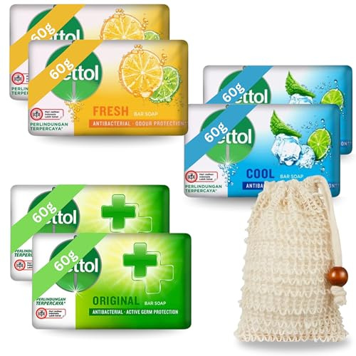 Lot de 6 savons antibactériens avec 6 barres de savon fraîches, fraîches et originales (2 x 60 g chacune) et brosse à savon Glameno