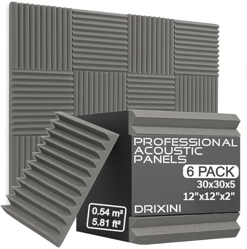 DRIXINI Pannelli acustici 30 x 30 x 5 cm, schiuma fonoassorbente professionale per studio, podcast, casa e ufficio - set da 6-48 pezzi con nastro - smorzamento del riverbero e decorazione 3D (grigio