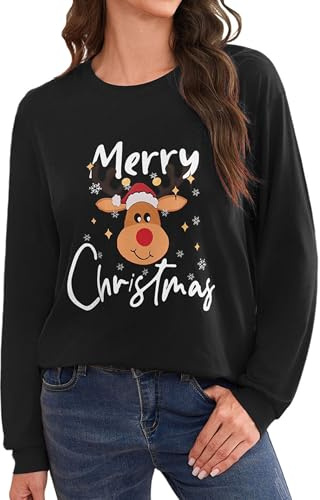 Terecey Sweatshirt Femme Imprimé Noël à Manches Longues Haut Décontracté avec Motif de Renne Merry Christmas Idée Cadeau Originale et Vêtement Confortable pour Hiver et Fête