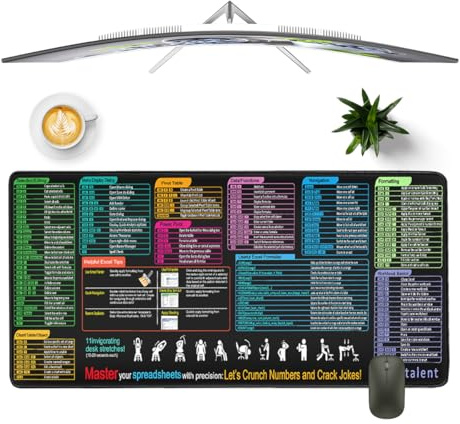 Tapis de Souris Raccourcis Excel,800 x 300 mm Grand Ttapis de Souris,Tapis Souris Gamer,Tapis de Clavier avec Bords Cousus,Base Antidérapante,Tapis de Souris Mmousepad de Bbureau,pour Jeux et Bureau