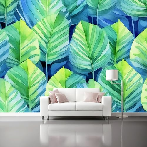 Mural De Papel Tapiz Verde Azul - 150 x 105 cm Papel No Tejido Murales Decorativos Acuarela Hojas Textura Tema Papel Tapiz 3D Sala De Estar - Decoración De Casa De Invierno