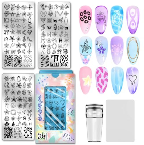 PH PandaHall 3pcs Leopard Printed Nail Stamping Plates, Lily Flower Nail Art Templates Bowknot Heart High Heals Stainless Steel Image Plate Art Stencils with Tool for DIY Print Manicures Salon Design