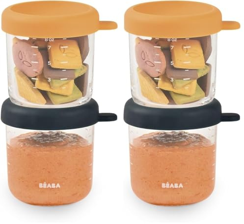 Béaba, Coffret 2 Portions Verre Conservation Repas Bébé/Verre Extra Résistant, 100pourcent Hermétique, Résiste Choc thermique, Congélation, Stérilisation, Graduation, 250 ml, Bleu nuit/Honey