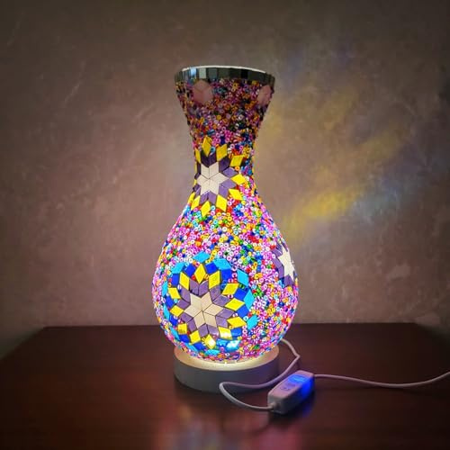 Färgglad turkisk mosaikbord – handgjord glasvas med träbas USB-driven dekorativ lampa för sovrum vardagsrum och blomsterarrangemang