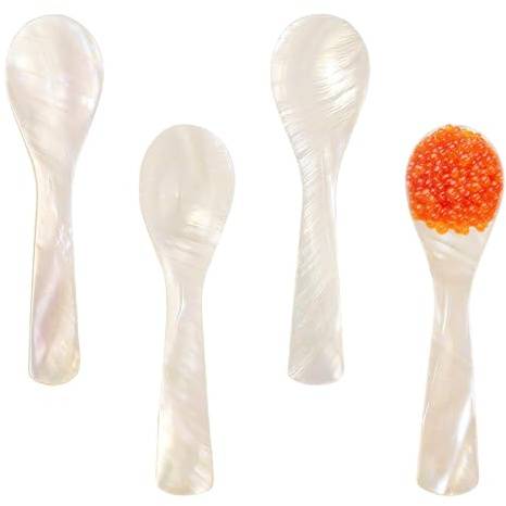 4 Pack Mother of Pearl Spoons, 3.54 Inch Natural MOP Caviar Serving Spoon | 3.54 Inch 9cm Spoons, Natural Shell,Natural Marine Shell Construction, Smooth Edges For Serving Caviar, Dessert, Condiments