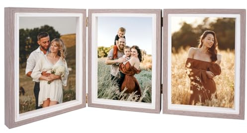 Triple Bisagra Marcos de Fotos 13 x 18 cm, Portafotos Múltiple Plegable | 7 x 5 in Marco 3 Fotos, para Retrato Blanco Marco Decoración Hogareña Familia Amigo Regalo Escritorio Decorar (Gris)