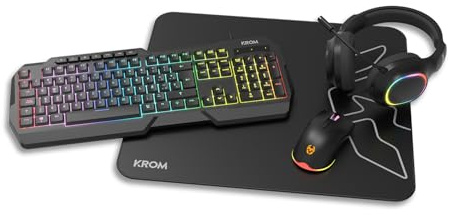 KROM KENTA - Combo Gaming 4 en 1 - Teclado RGB Rainbow, Layout Español, Antighosting, Ratón óptico 7200 dpi, Auriculares 50mm Estéreo y Alfombrilla 450x400x3mm, Color Negro