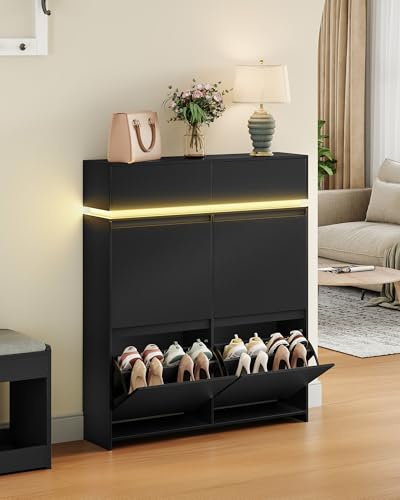 Hzuaneri Schuhschrankmit LED-Leuchten, 20 Paar, 4 Klappen(100B cm) | Schuhkipper Schmal, Schuhregal, Verstellbare Ablagefläche, Schuhaufbewahrung für Eingang, Flur, Schwarz SR53606XEU