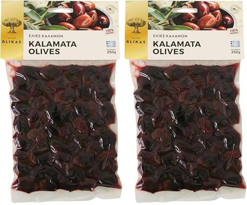 Blikas Aceitunas Negras Kalamata Griegas (2 x 250 g) – Total 500 g – Sabor Mediterráneo Auténtico – Sin Conservantes – Snack Gourmet Natural (Paquete de 2)