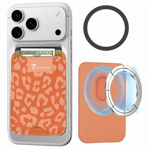 TECHMADE Korthållare kompatibel för iPhone, adapterring ingår - plats för 3 kort eller kontanter, snabbt utdragningssystem - RFID-blockering, veganskt konstläder, Djur Orange, Taglia Unica, Avslappnad